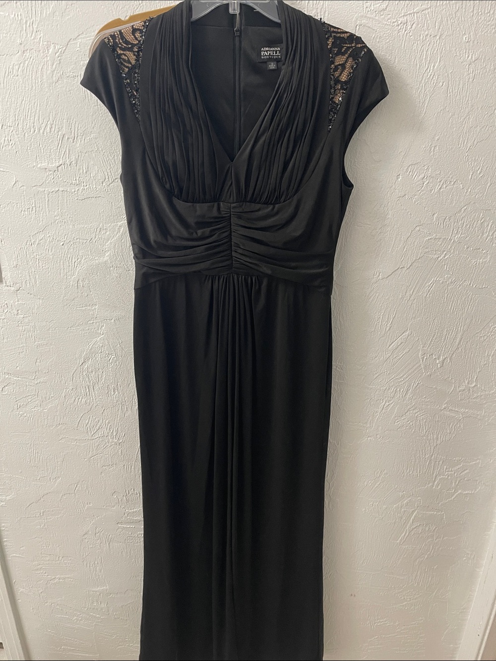 Adrianna Papell Black Lace-Shoulder Ruched V-Neck Maxi Dress, Size 10